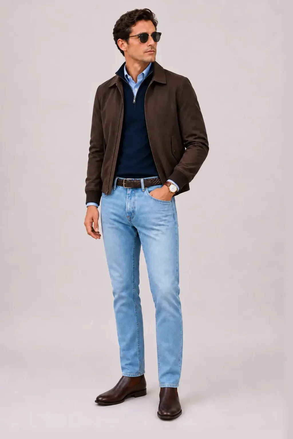 Harrington Blouson Dunkelbraun über Half-Zip Pullover Feinstrick, dazu Jeans Hellblau und Chelsea Boot