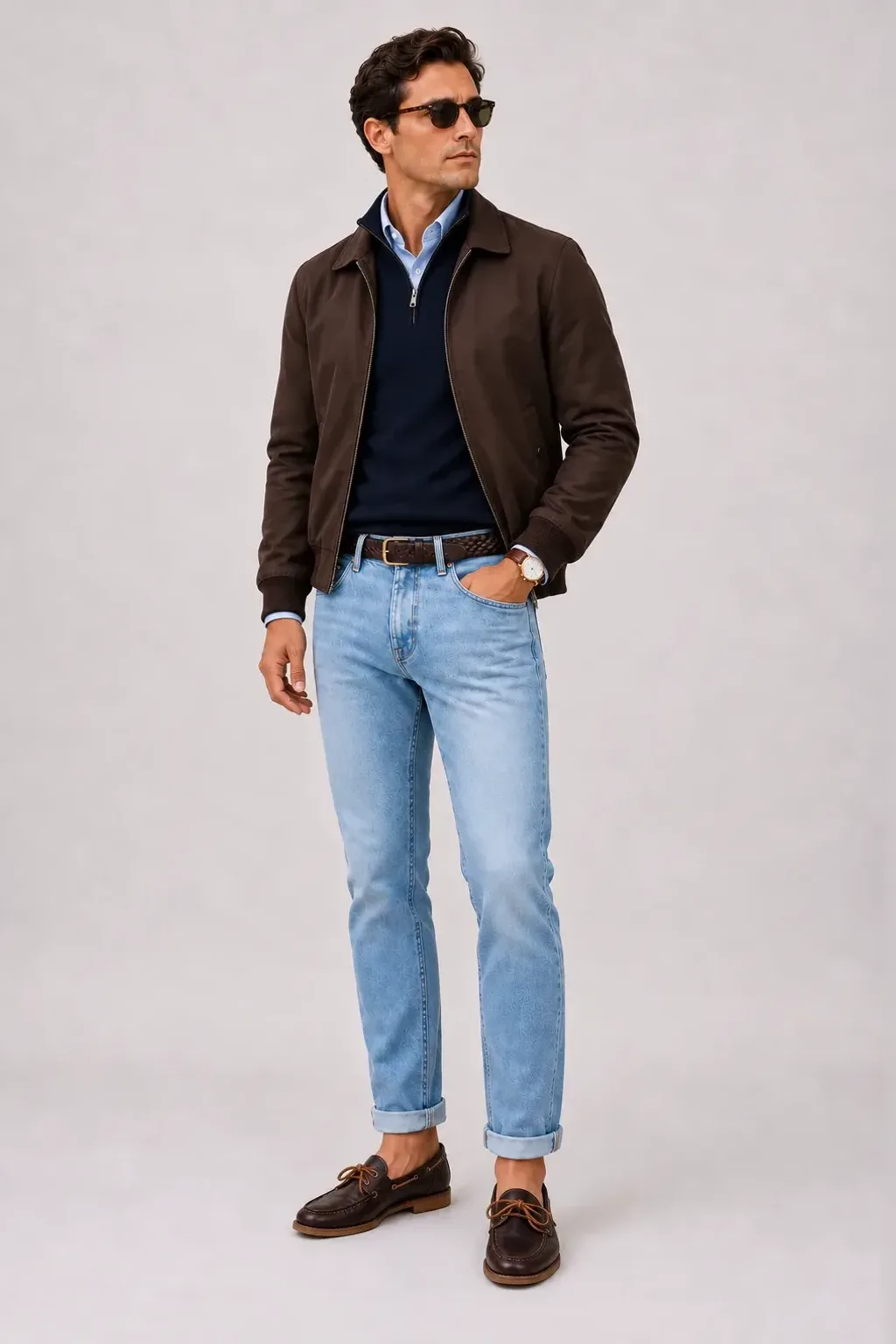 Harrington Blouson Dunkelbraun über Half-Zip Pullover Feinstrick, dazu Jeans Hellblau und Chelsea Boot