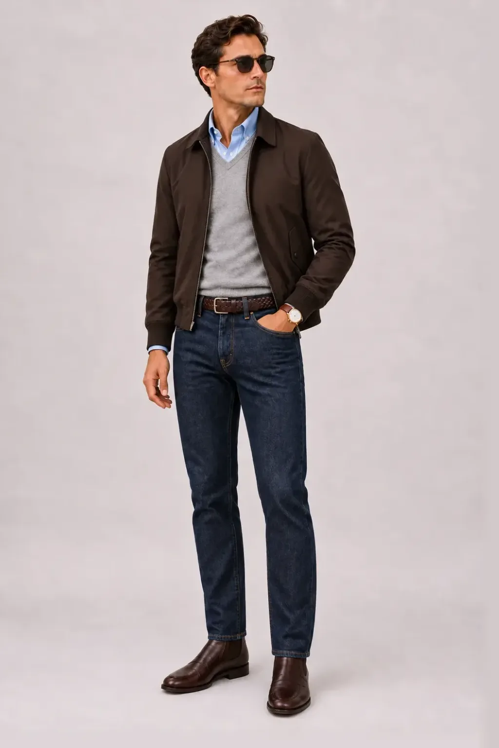 Harrington Blouson Dunkelbraun über Half-Zip Pullover Feinstrick, dazu Jeans Navy und Chelsea Boot — V-Neck-Pullover Feinstrick Hellgrau