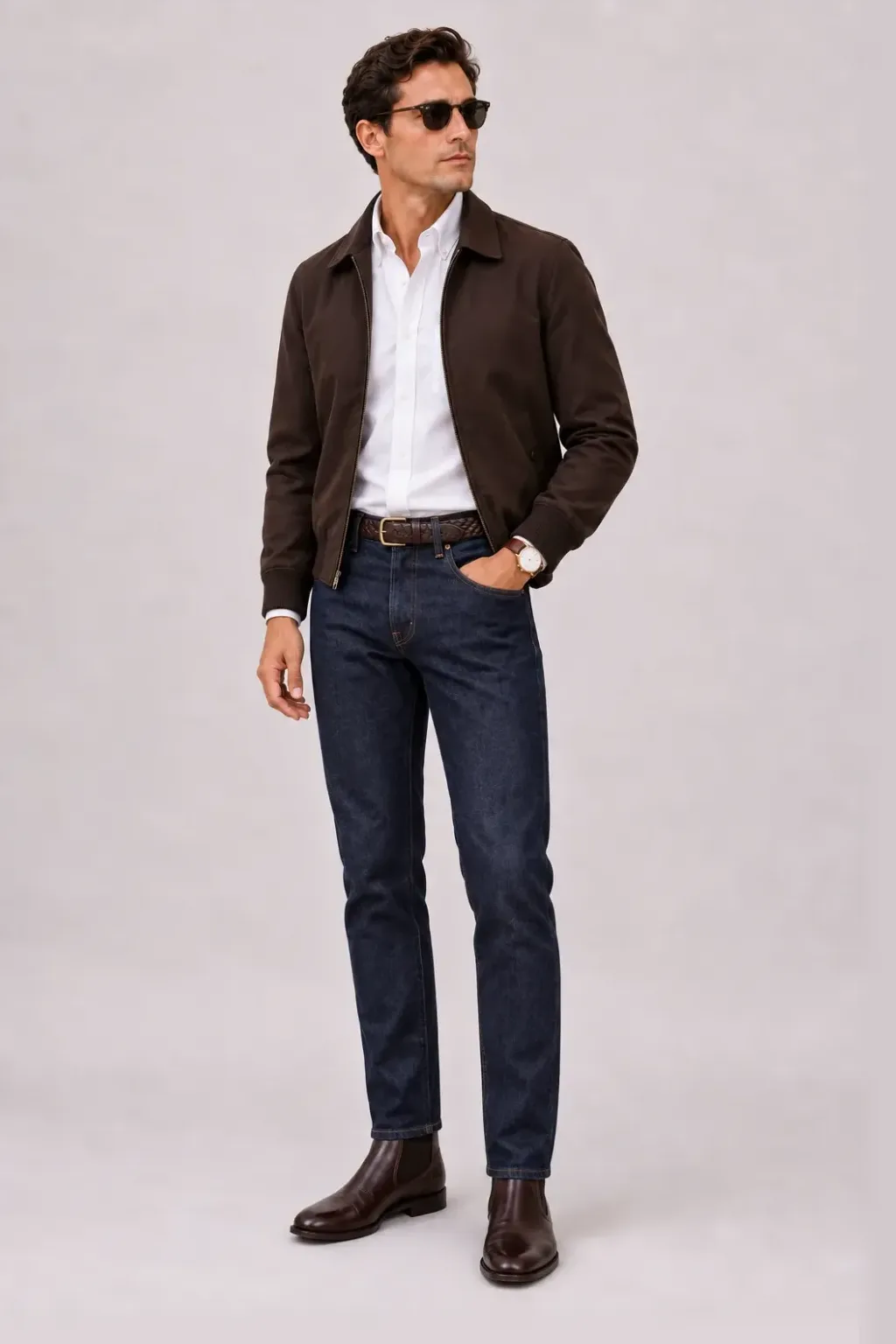 Harrington Blouson Dunkelbraun über V-Neck-Pullover Feinstrick Camel und Button-Down-Hemd Hellblau, dazu Jeans Navy und Chelsea Boot — Button-Down-Hemd Weiss