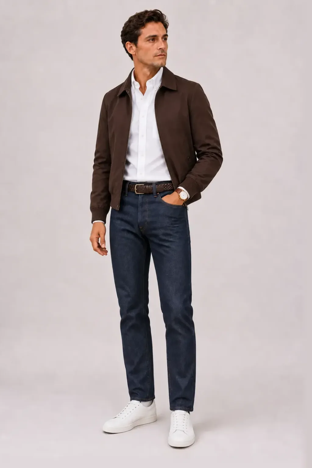 Harrington Blouson Dunkelbraun über Button-Down-Hemd, dazu Jeans Navy und Chelsea Boot