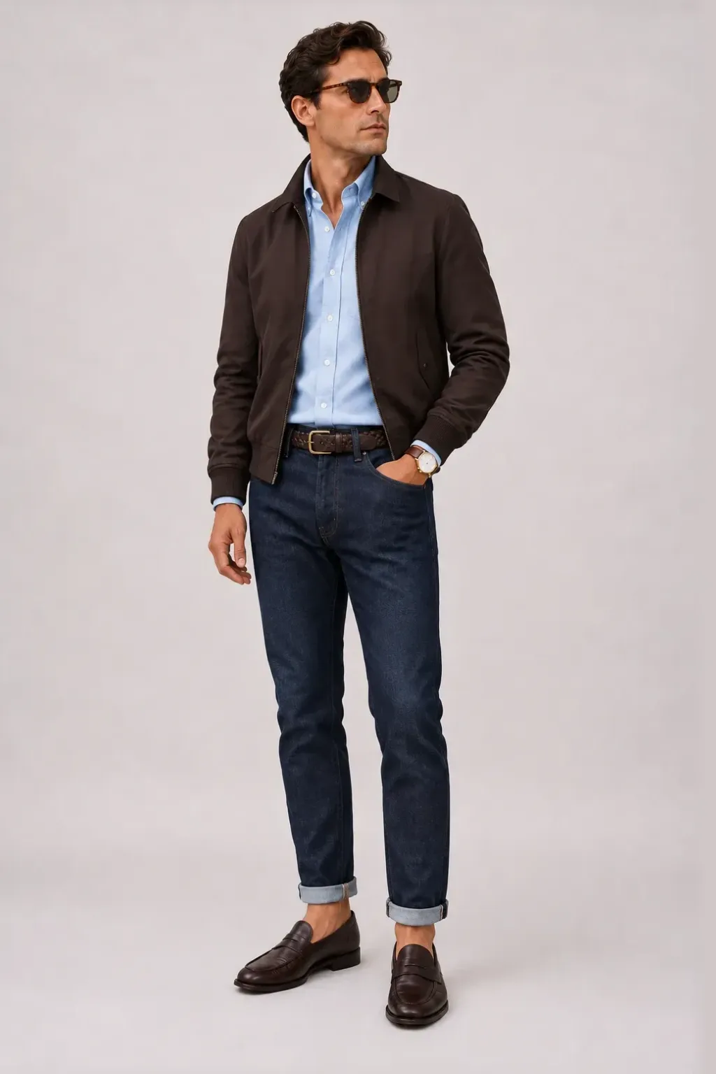 Harrington Blouson Dunkelbraun über Button-Down-Hemd, dazu Jeans Navy und Penny Loafer