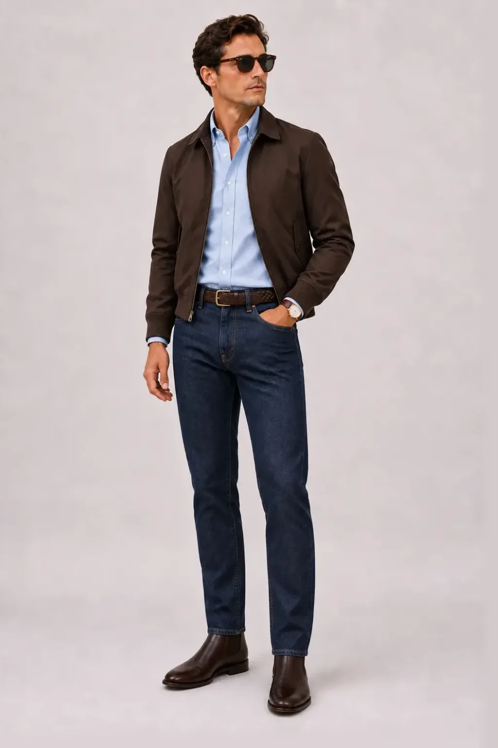 Harrington Blouson Dunkelbraun über Button-Down-Hemd, dazu Jeans Navy und Penny Loafer