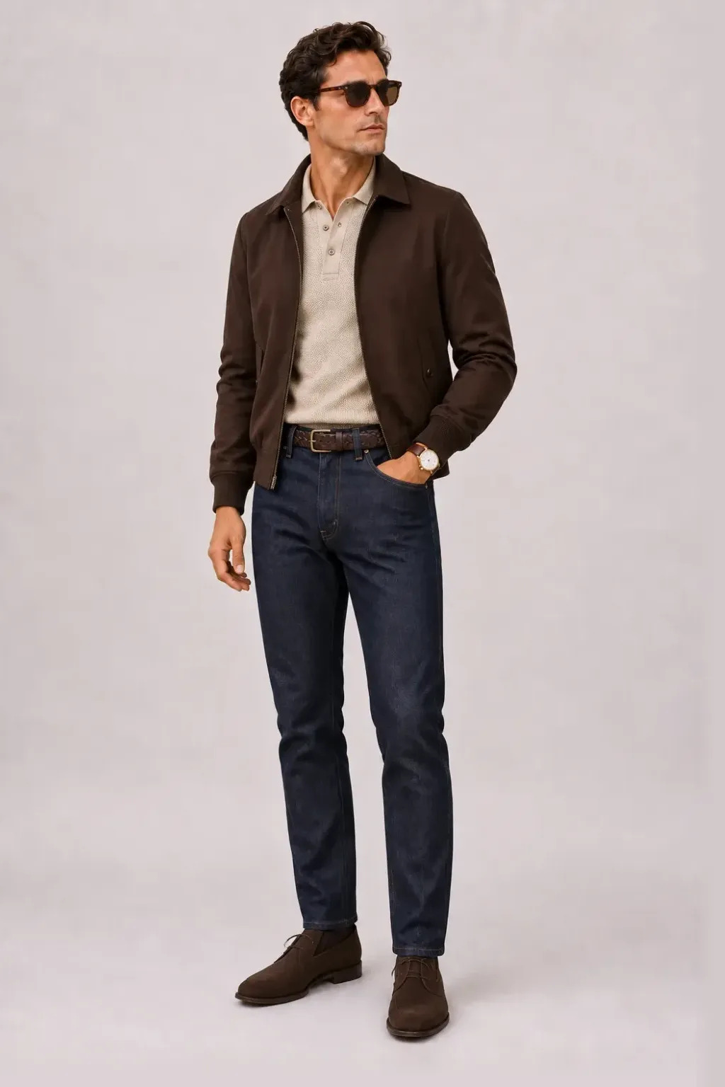 Harrington Blouson Dunkelbraun über Strickpolo, dazu Jeans Navy und Chukka Boot