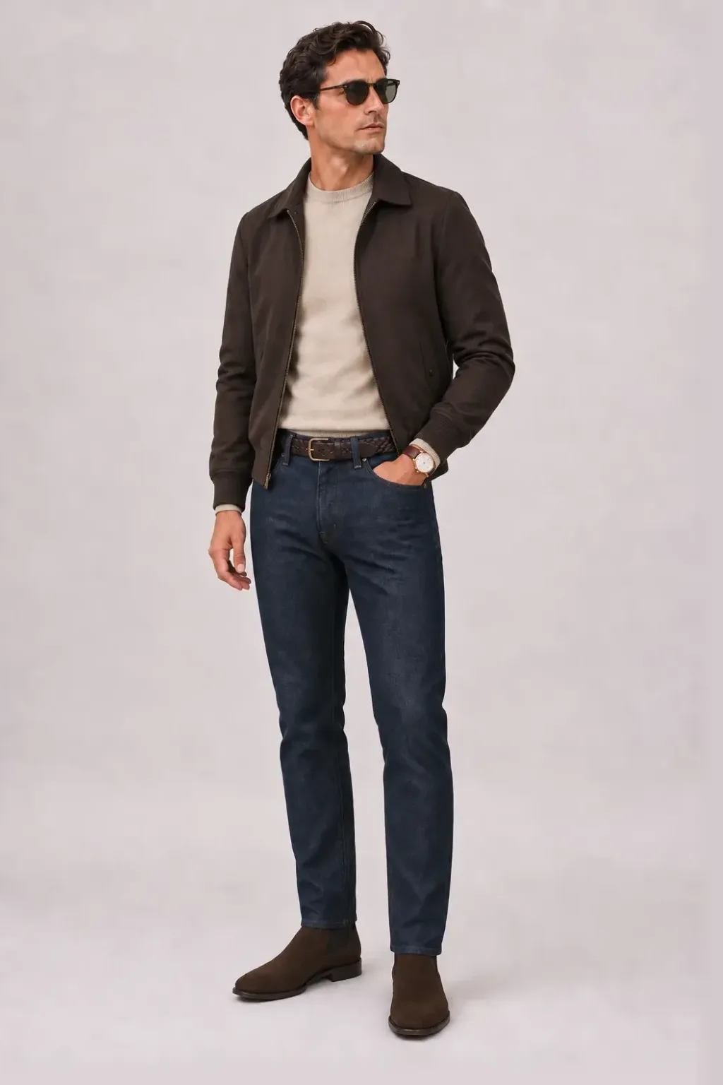 Harrington Blouson Dunkelbraun über Crewneck-Pullover Feinstrick, dazu Jeans Navy und Chelsea Boot Wildleder