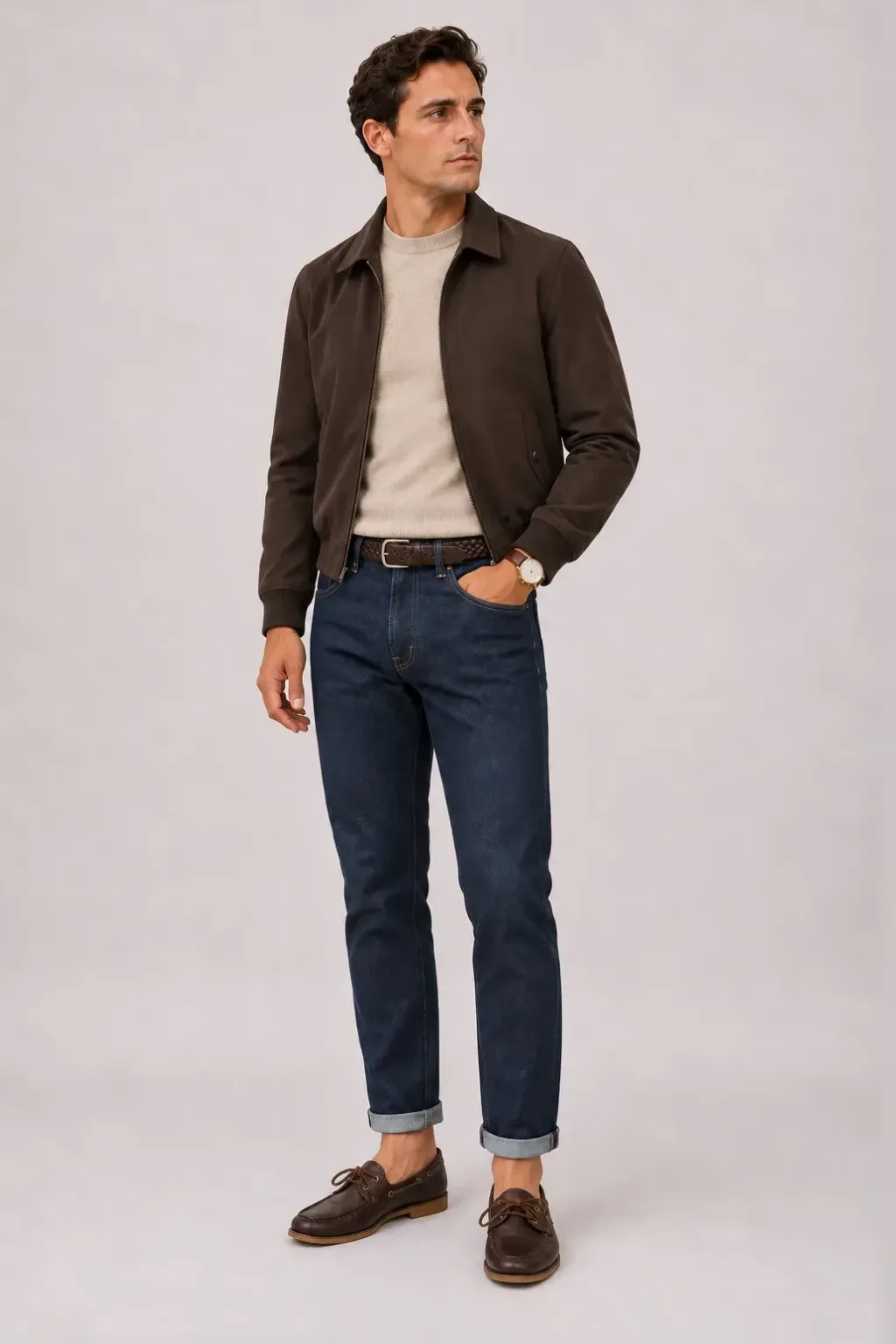 Harrington Blouson Dunkelbraun über Crewneck-Pullover Feinstrick, dazu Jeans Navy und Chelsea Boot Wildleder