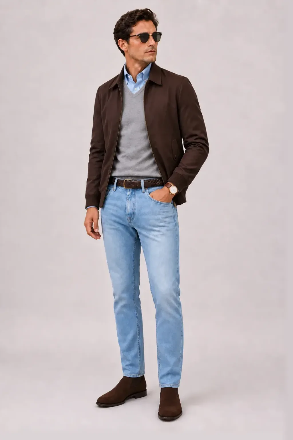 Harrington Blouson Dunkelbraun über V-Neck-Pullover Feinstrick, dazu Jeans Hellblau und Chelsea Boot Wildleder