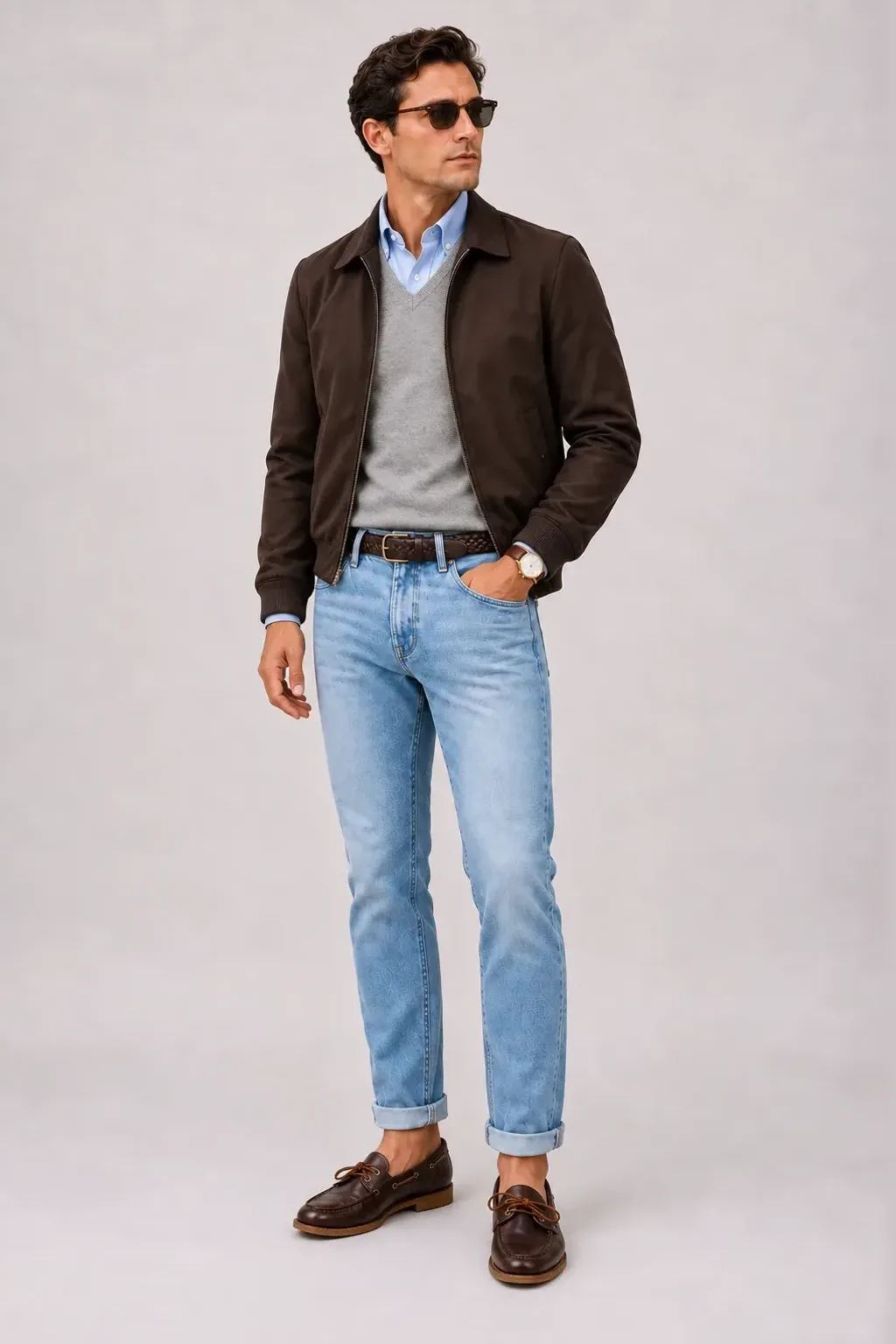 Harrington Blouson Dunkelbraun über V-Neck-Pullover Feinstrick, dazu Jeans Hellblau und Chelsea Boot Wildleder — Bootsschuh Dunkelbraun
