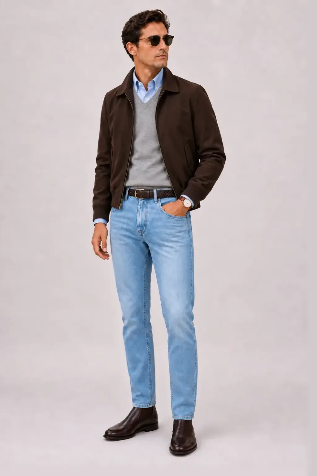 Harrington Blouson Dunkelbraun über V-Neck-Pullover Feinstrick, dazu Jeans Hellblau und Chelsea Boot Wildleder — Chelsea Boot Dunkelbraun