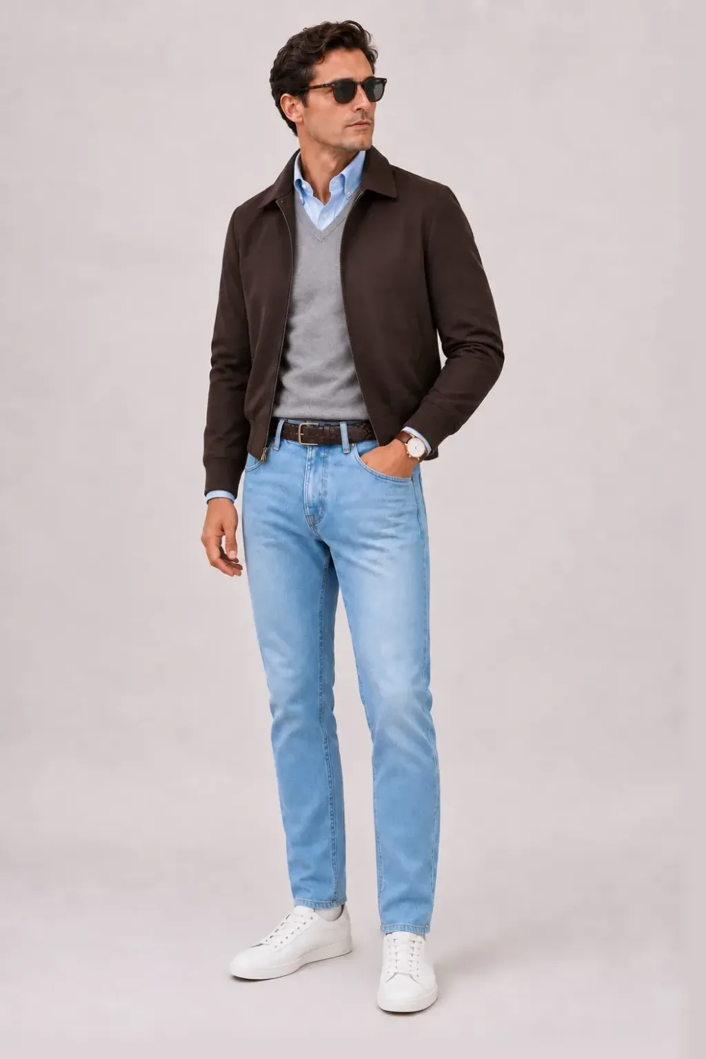 Harrington Blouson Dunkelbraun über V-Neck-Pullover Feinstrick, dazu Jeans Hellblau und Chelsea Boot Wildleder