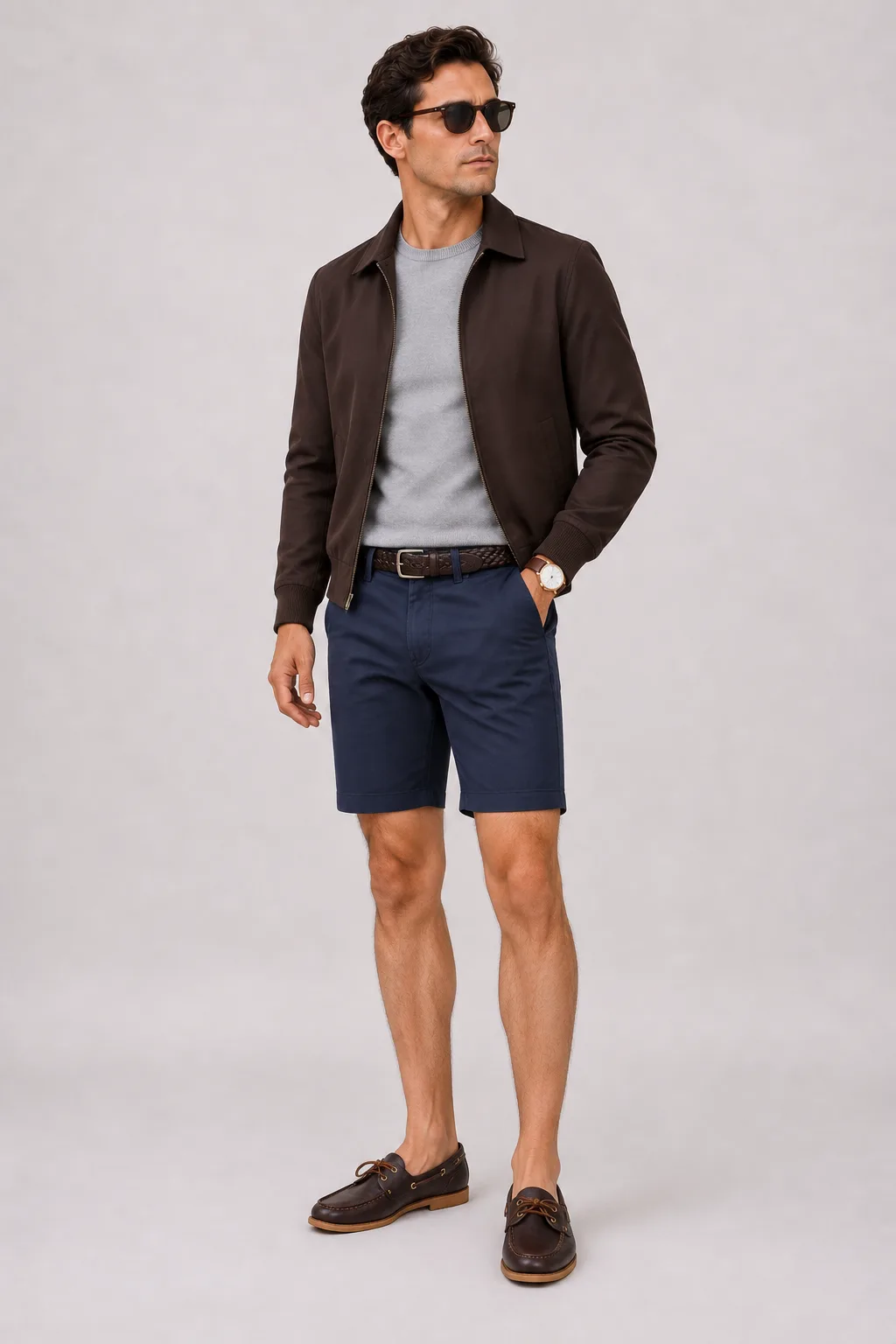 Harrington Blouson Dunkelbraun über Crewneck-Pullover Feinstrick, dazu Chino-Shorts Navy und Bootsschuh
