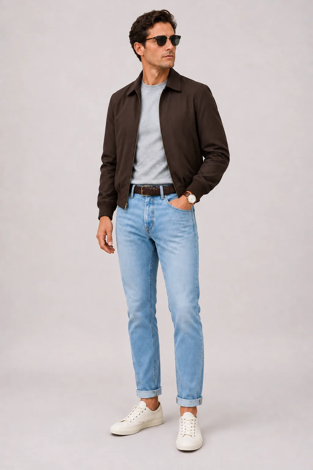 Harrington Blouson Dunkelbraun über T-Shirt, dazu Jeans Hellblau und Canvas Sneaker