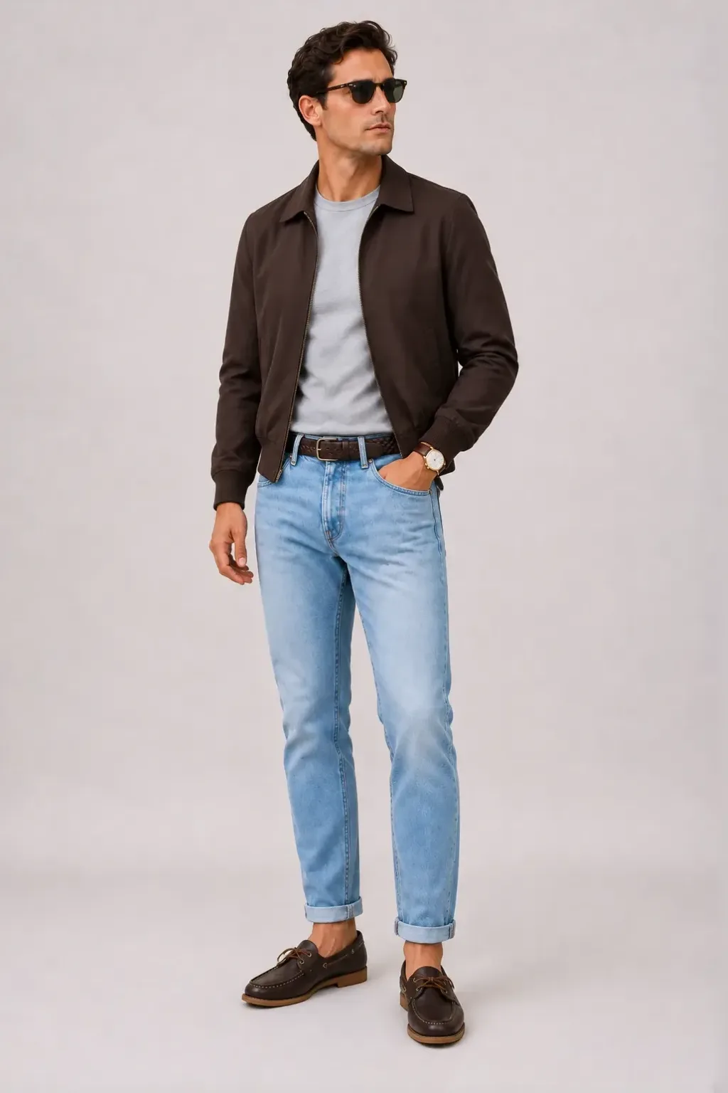 Harrington Blouson Dunkelbraun über T-Shirt, dazu Jeans Hellblau und Canvas Sneaker