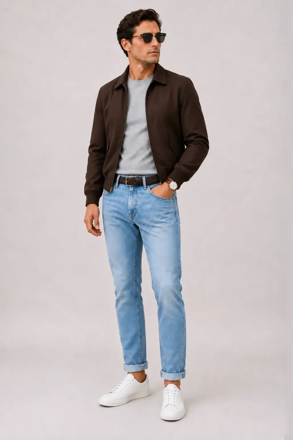Harrington Blouson Dunkelbraun über T-Shirt, dazu Jeans Hellblau und Canvas Sneaker