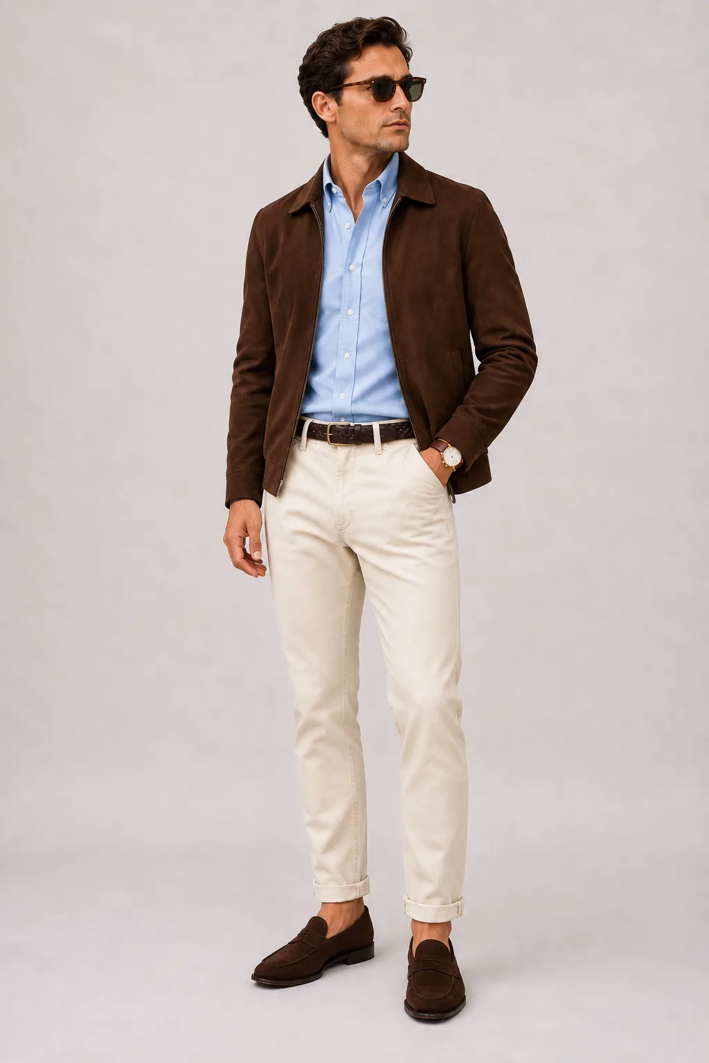 Wildlederjacke Schokobraun über Button-Down-Hemd, dazu Chino Creme und Penny Loafer Wildleder