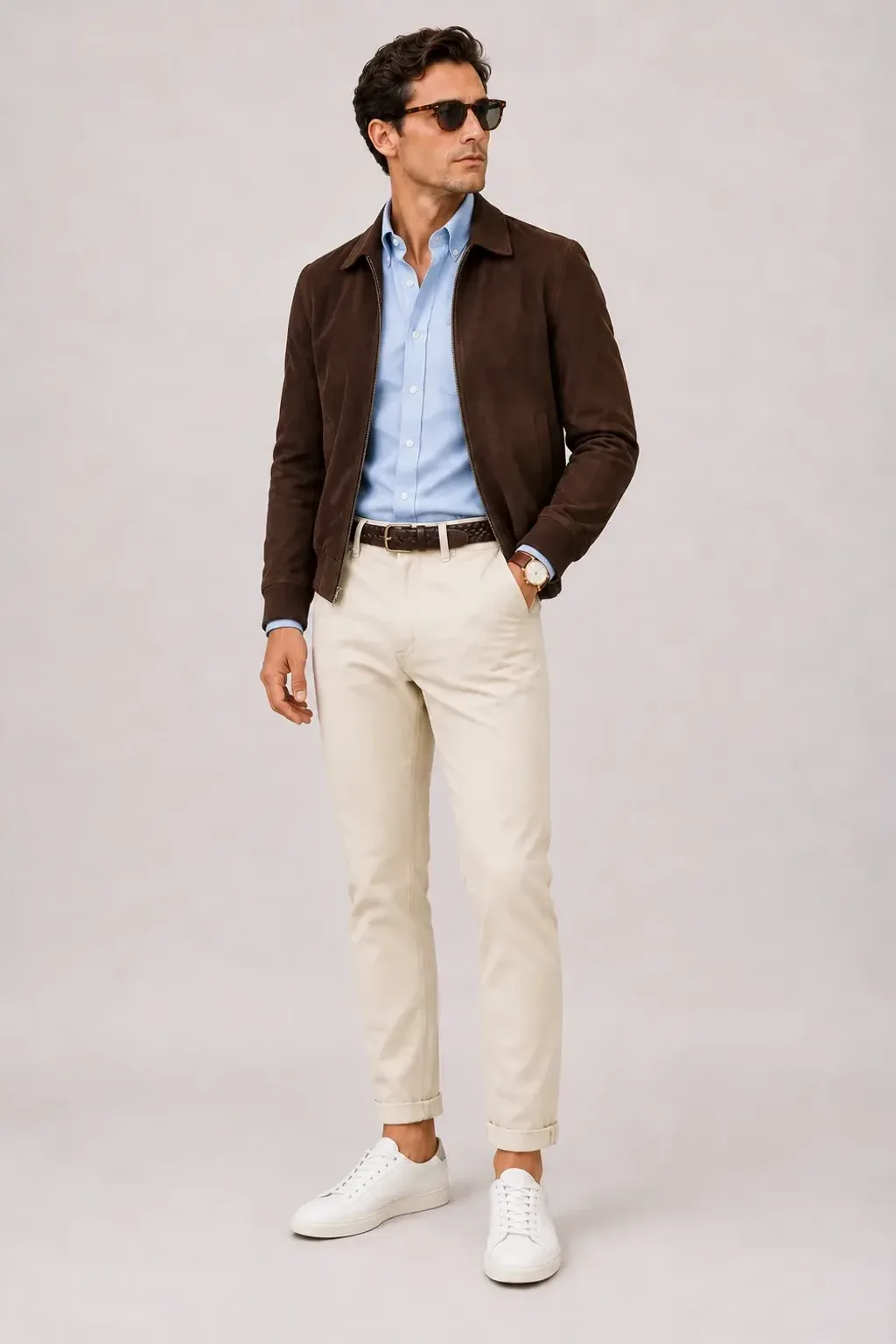 Wildlederjacke Schokobraun über Button-Down-Hemd, dazu Chino Creme und Penny Loafer Wildleder