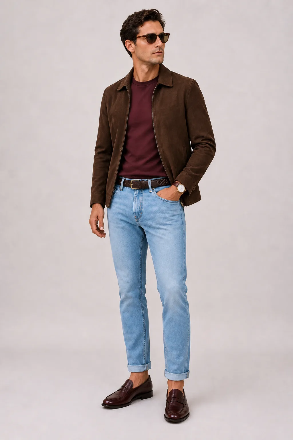 Wildlederjacke Schokobraun über T-Shirt, dazu Jeans Hellblau und Penny Loafer