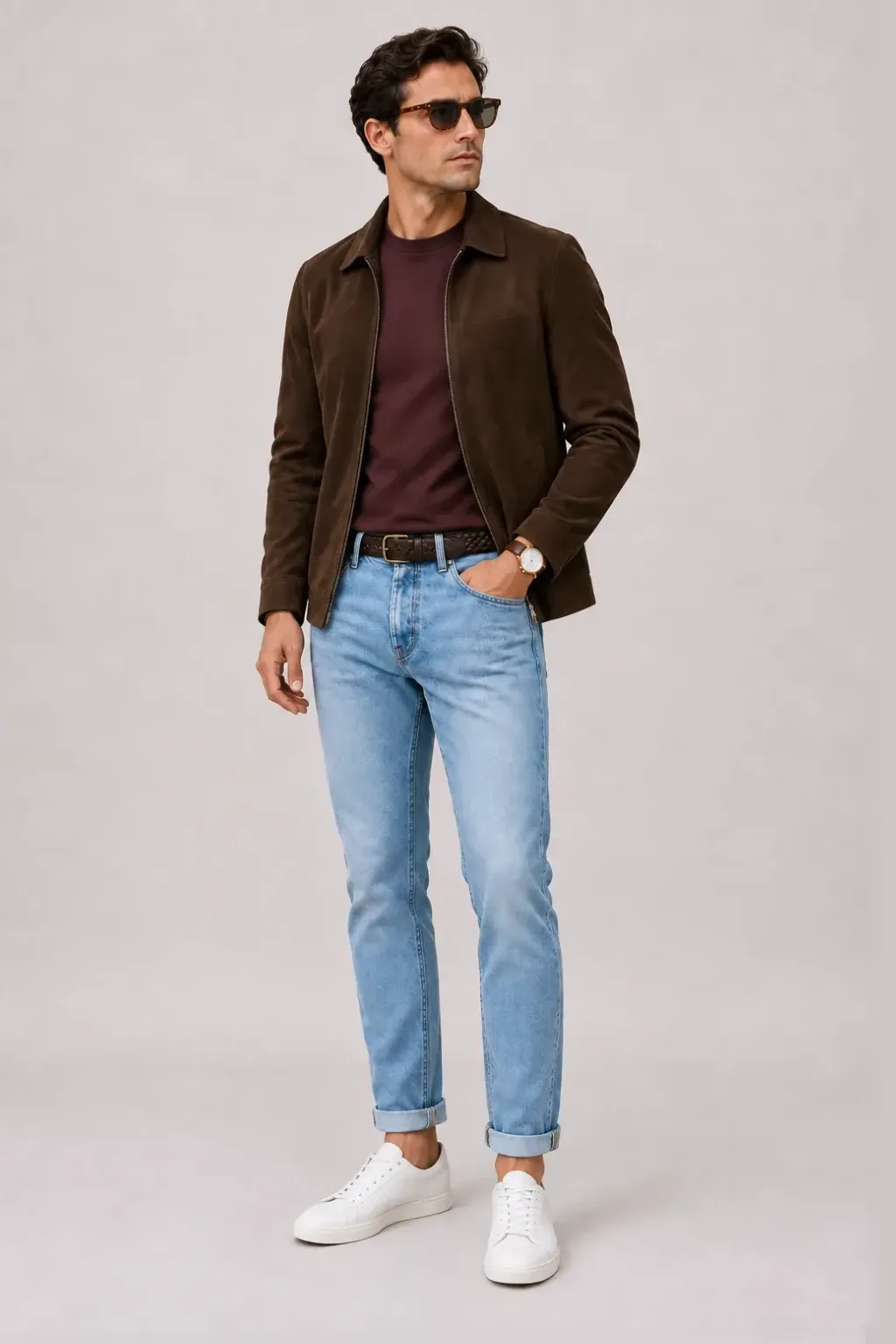 Wildlederjacke Schokobraun über T-Shirt, dazu Jeans Hellblau und Penny Loafer