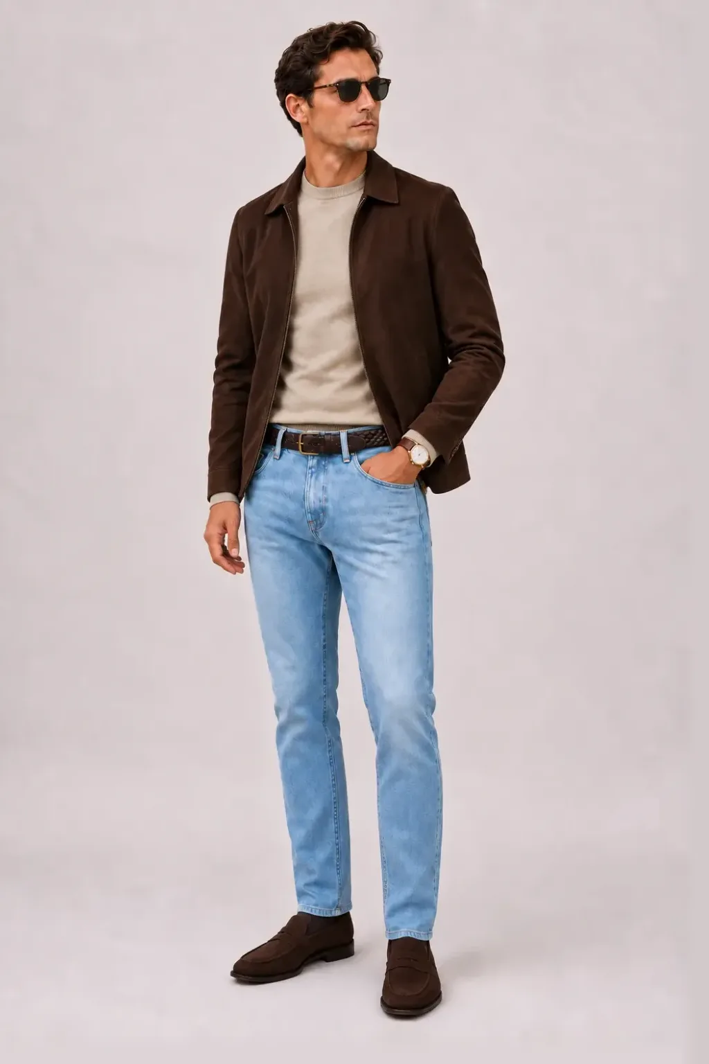Wildlederjacke Schokobraun über Crewneck-Pullover Feinstrick, dazu Jeans Hellblau und Penny Loafer Wildleder
