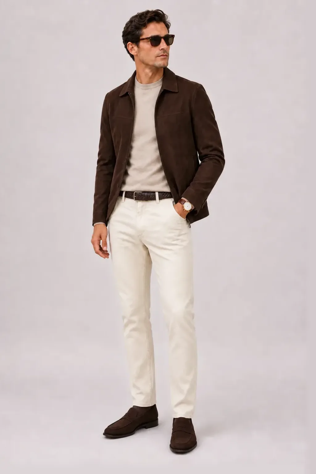 Wildlederjacke Schokobraun über Strickpolo, dazu Chino Creme und Penny Loafer Wildleder — Crewneck-Pullover Feinstrick Beige
