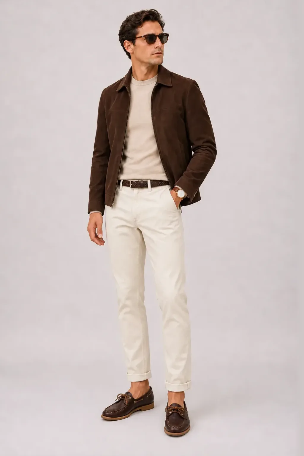 Wildlederjacke Schokobraun über Crewneck-Pullover Feinstrick, dazu Chino Creme und Penny Loafer Wildleder