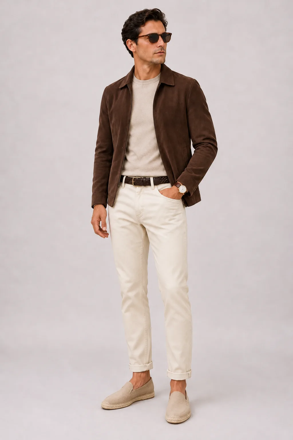 Wildlederjacke Schokobraun über Crewneck-Pullover Feinstrick, dazu Chino Creme und Penny Loafer Wildleder