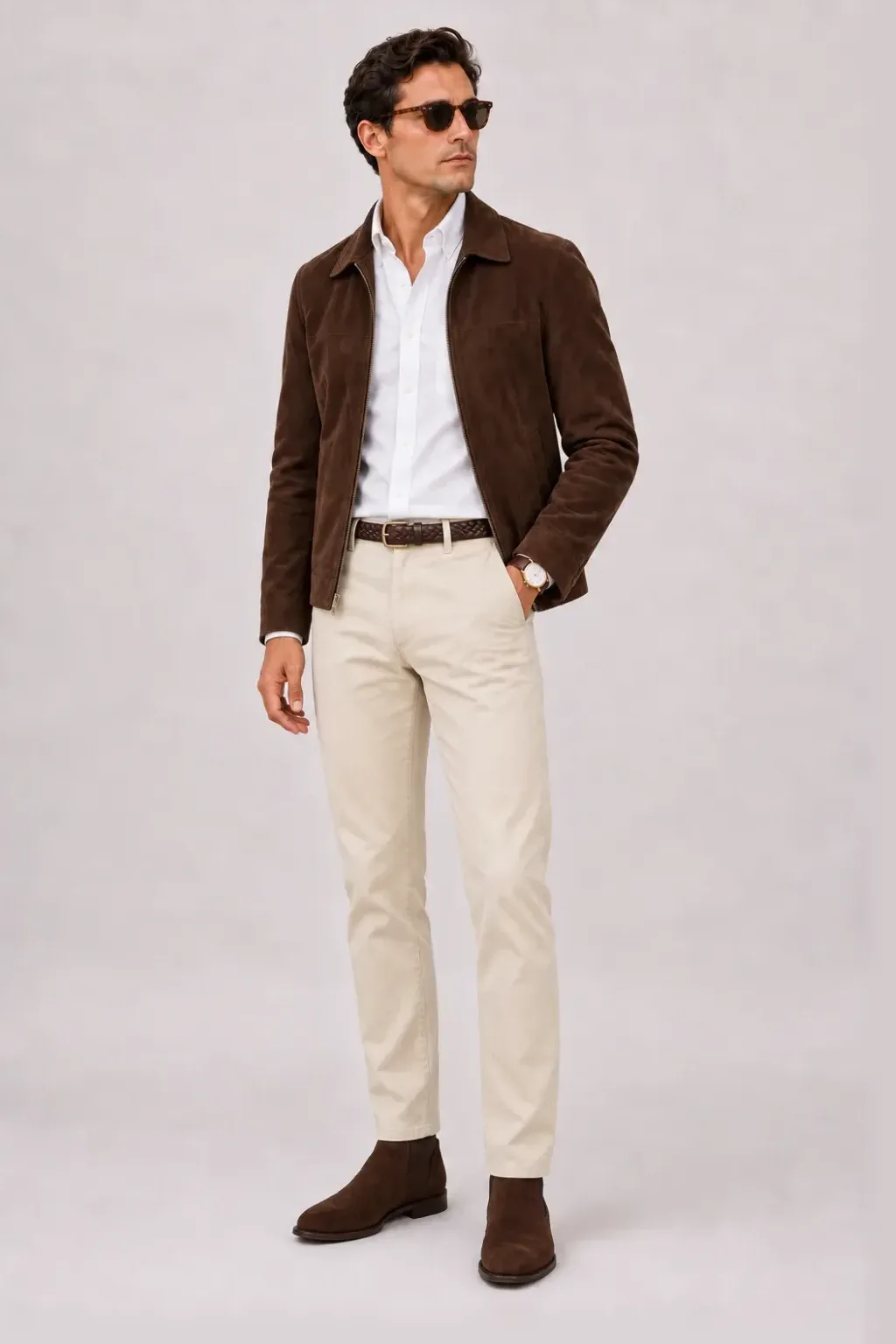 Wildlederjacke Schokobraun über Button-Down-Hemd, dazu Chino Creme und Chelsea Boot Wildleder