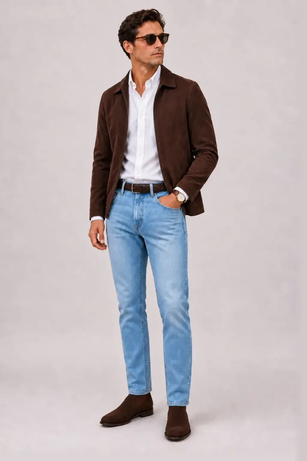 Wildlederjacke Schokobraun über V-Neck-Pullover Feinstrick, dazu Jeans Hellblau und Chelsea Boot Wildleder — Button-Down-Hemd Weiss