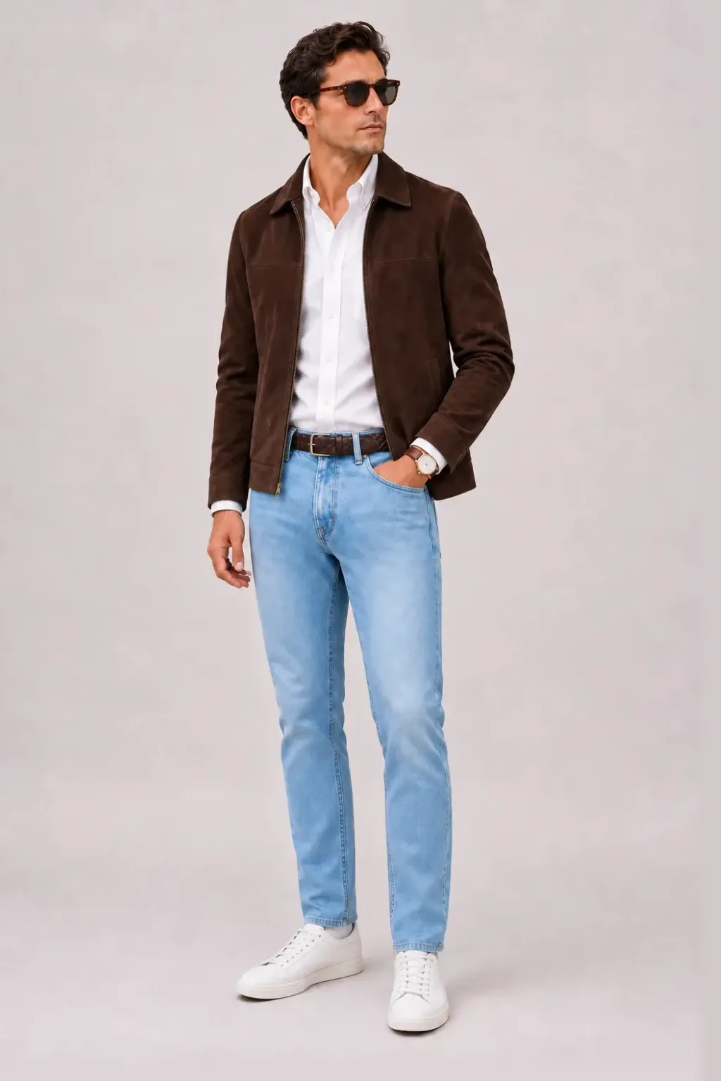 Wildlederjacke Schokobraun über Button-Down-Hemd, dazu Jeans Hellblau und Chelsea Boot Wildleder