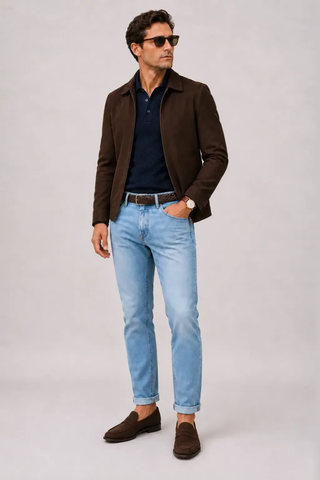 Wildlederjacke Schokobraun über Crewneck-Pullover Feinstrick, dazu Jeans Hellblau und Penny Loafer Wildleder — Strickpolo Navy