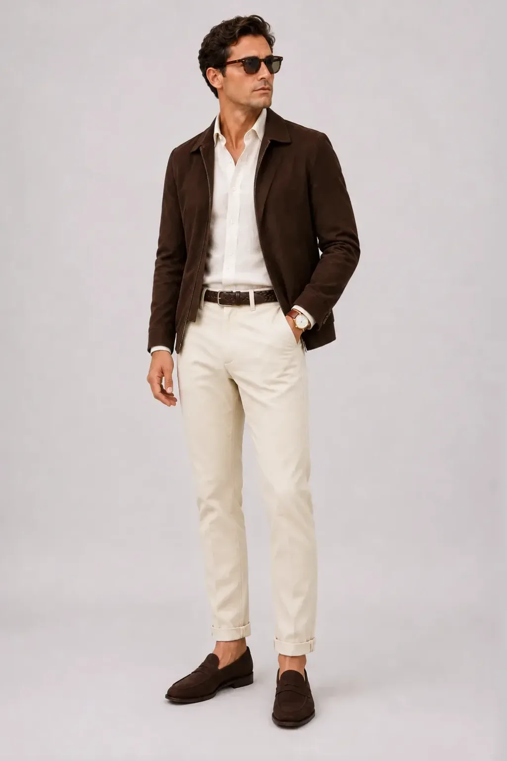 Wildlederjacke Schokobraun über Leinenhemd, dazu Chino Creme und Penny Loafer Wildleder