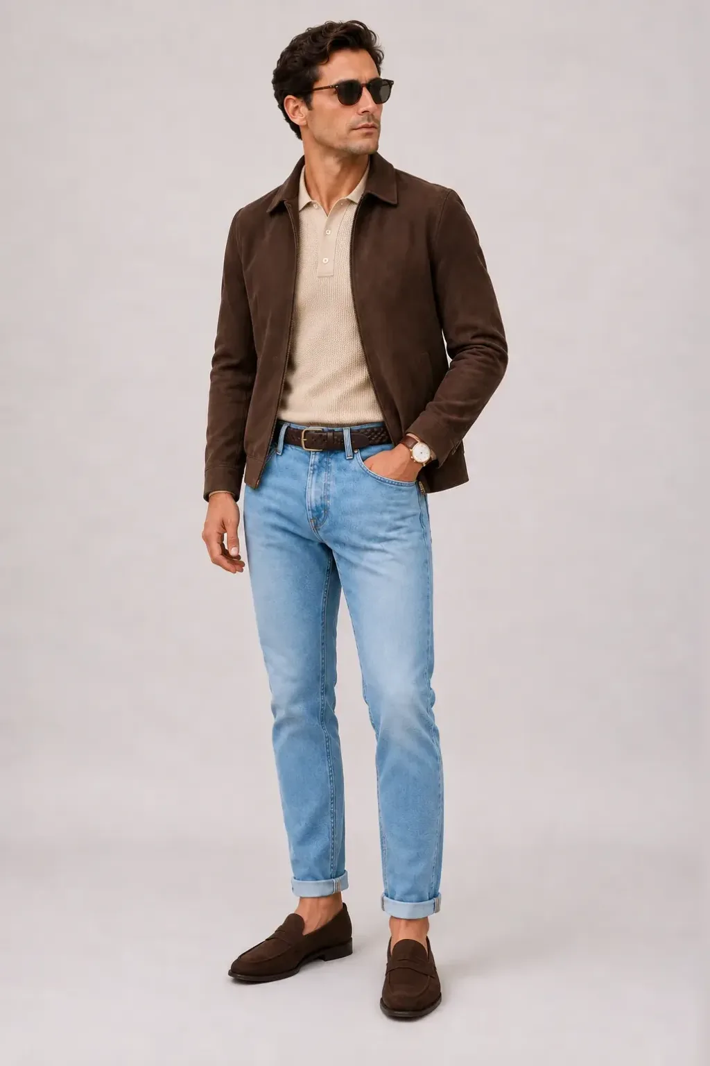 Wildlederjacke Schokobraun über Crewneck-Pullover Feinstrick, dazu Jeans Hellblau und Penny Loafer Wildleder — Strickpolo Beige