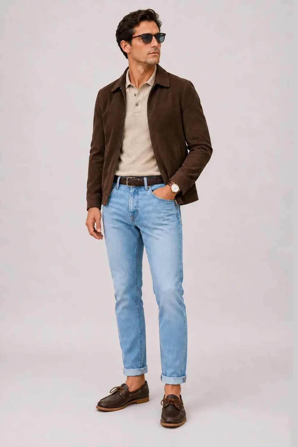 Wildlederjacke Schokobraun über Strickpolo, dazu Jeans Hellblau und Penny Loafer Wildleder