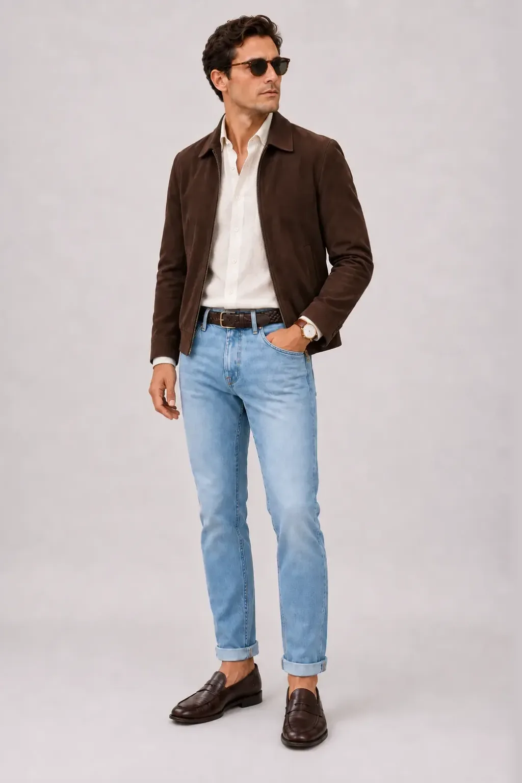 Wildlederjacke Schokobraun über Leinenhemd, dazu Jeans Hellblau und Penny Loafer