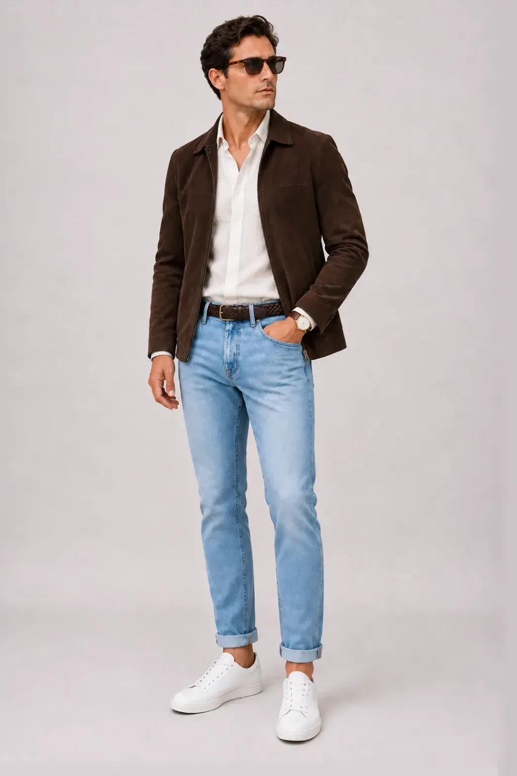 Wildlederjacke Schokobraun über Leinenhemd, dazu Jeans Hellblau und Penny Loafer