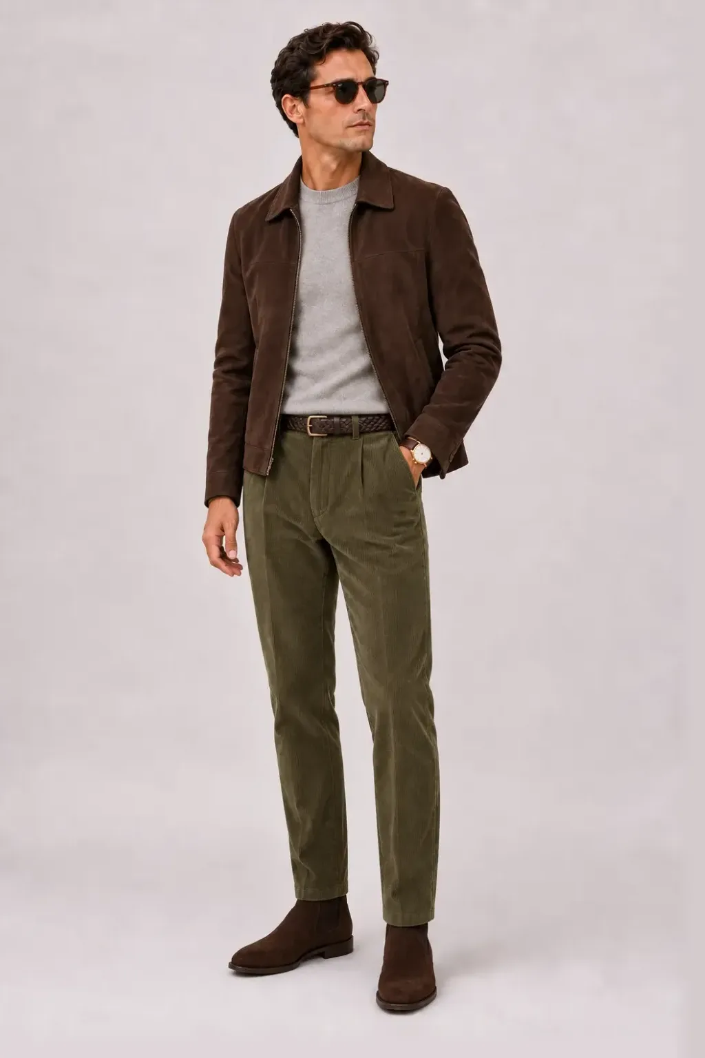 Wildlederjacke Schokobraun über Rollkragenpullover, dazu Cordhose Oliv und Chelsea Boot Wildleder — Crewneck-Pullover Feinstrick Hellgrau