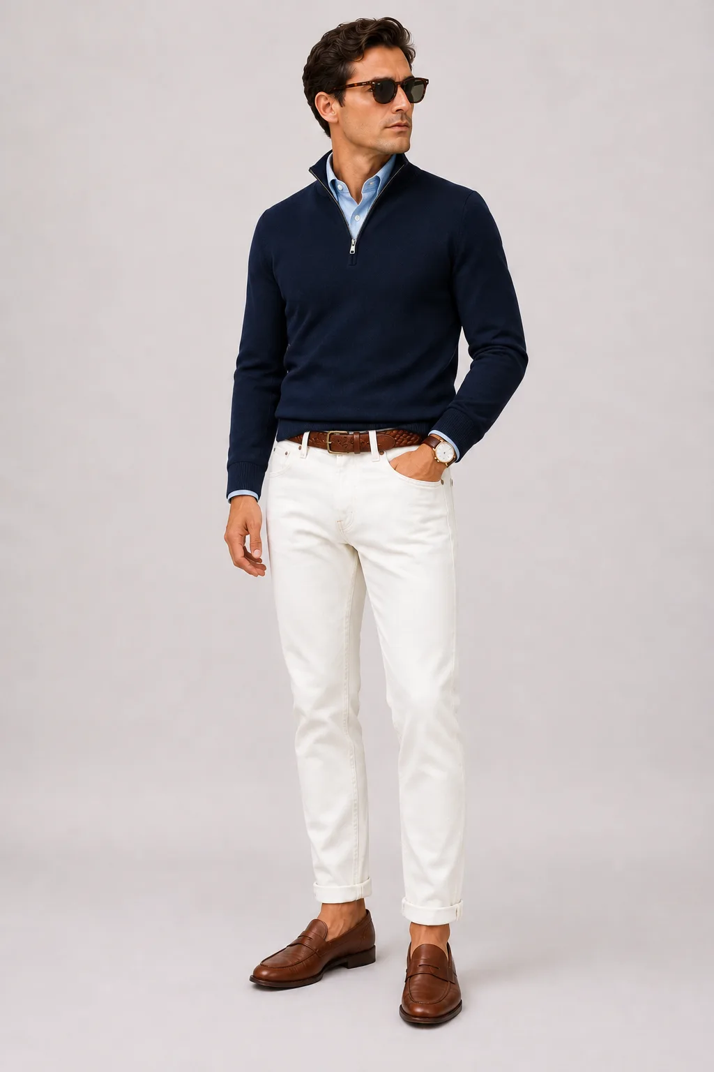 Half-Zip Pullover Feinstrick Navy über Button-Down-Hemd, dazu Jeans Weiss und Penny Loafer