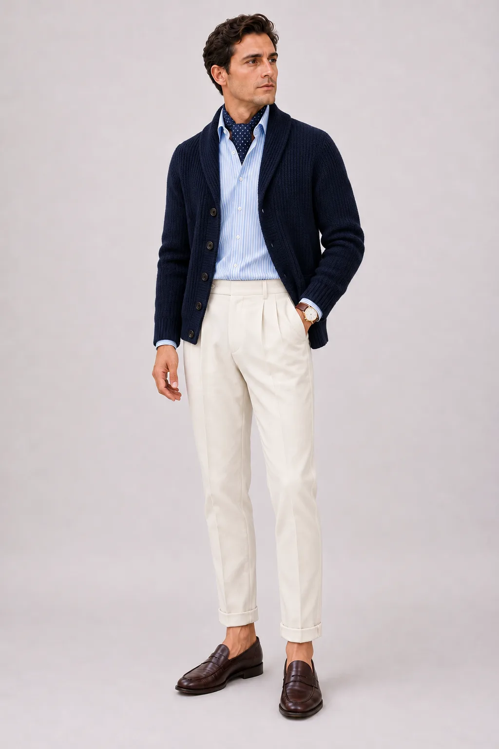 Schalkragen-Cardigan Navy über Streifenhemd, dazu Bundfaltenhose Off-White und Penny Loafer