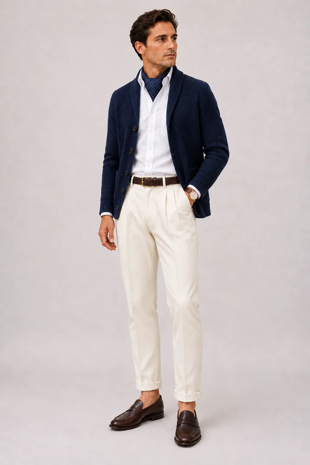 Schalkragen-Cardigan Navy über Button-Down-Hemd, dazu Bundfaltenhose Off-White und Penny Loafer