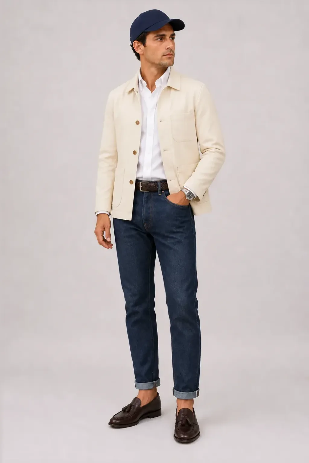 Chore Jacket Creme über Button-Down-Hemd, dazu Jeans Navy und Tassel Loafer