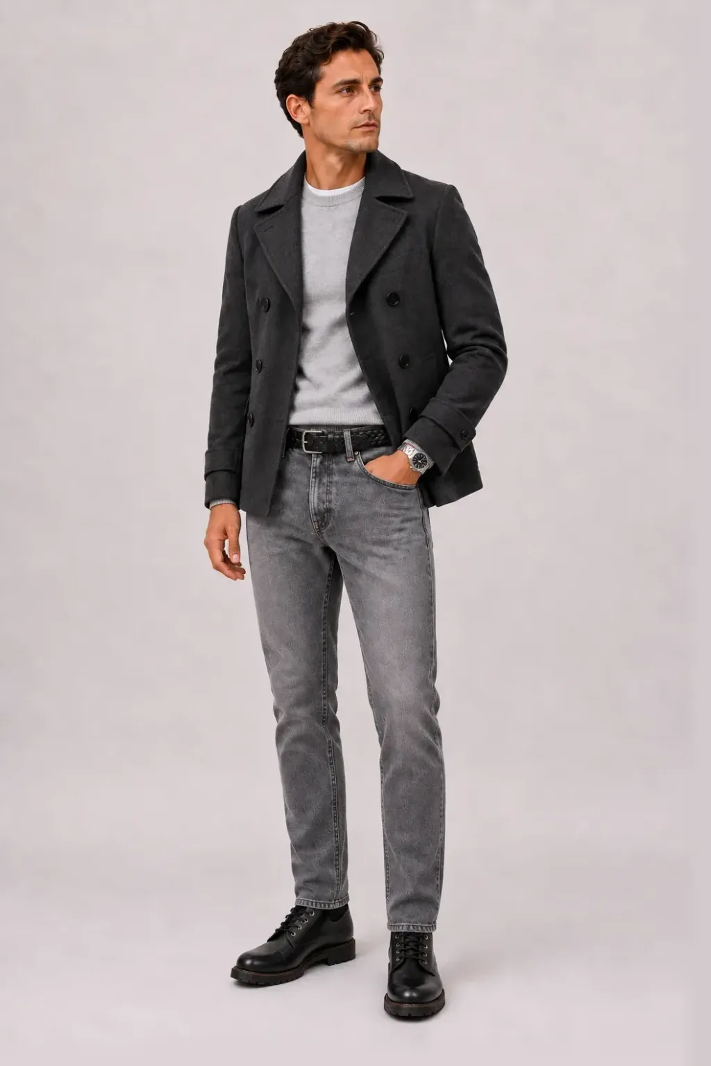 Peacoat Dunkelgrau über Crewneck-Pullover Feinstrick, dazu Jeans Mittelgrau und Work Boot