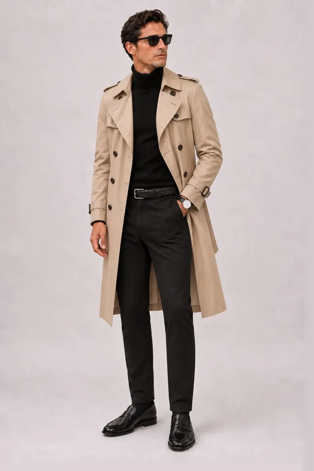 Trenchcoat Beige über Rollkragenpullover, dazu Chino Schwarz und Penny Loafer
