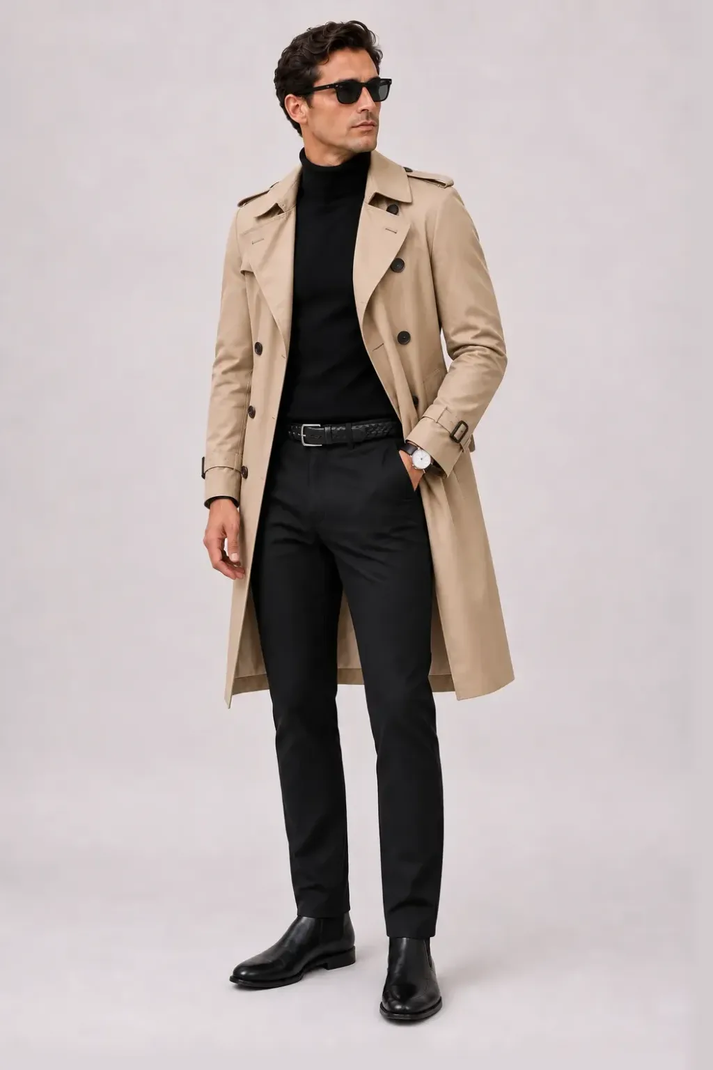 Trenchcoat Beige über Rollkragenpullover, dazu Chino Schwarz und Penny Loafer — Chelsea Boot Schwarz