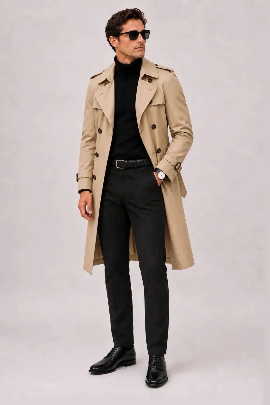 Trenchcoat Beige über Rollkragenpullover, dazu Chino Schwarz und Penny Loafer — Dress-Boot Schwarz