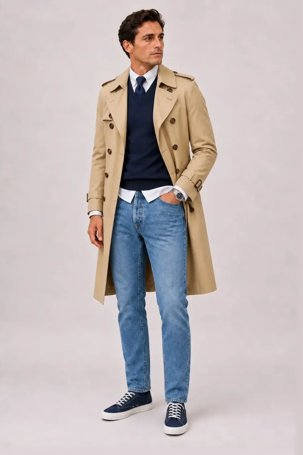 Trenchcoat Beige über V-Neck-Pullover Feinstrick, dazu Jeans Mittelblau und Canvas Sneaker