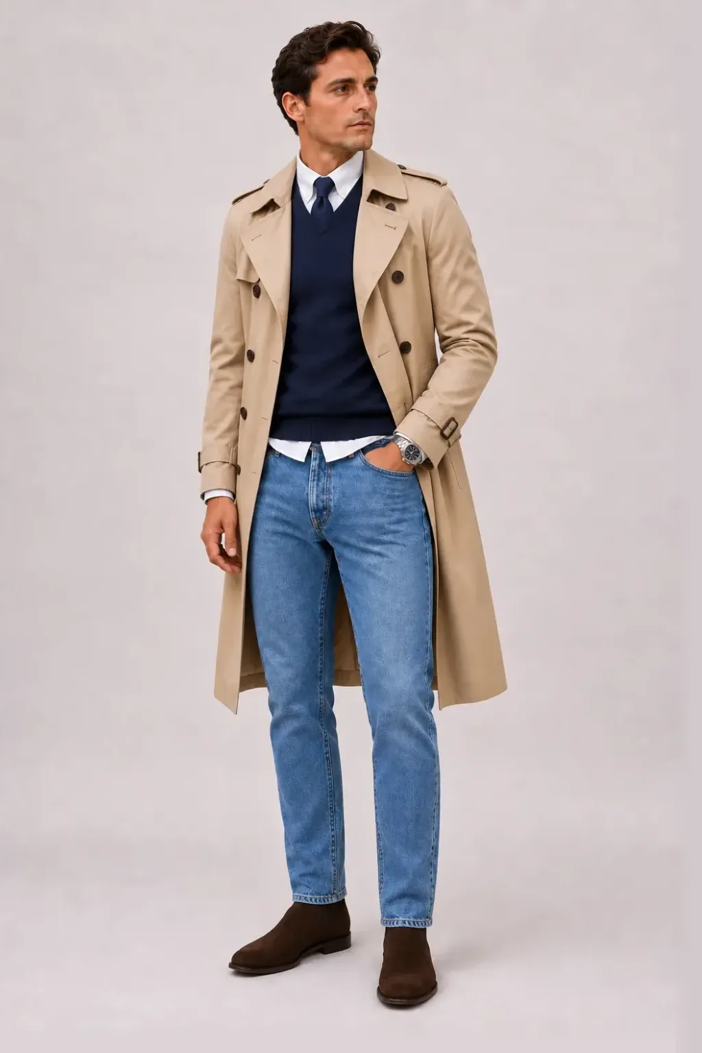 Trenchcoat Beige über V-Neck-Pullover Feinstrick, dazu Jeans Mittelblau und Canvas Sneaker — Chelsea Boot Wildleder Schokobraun