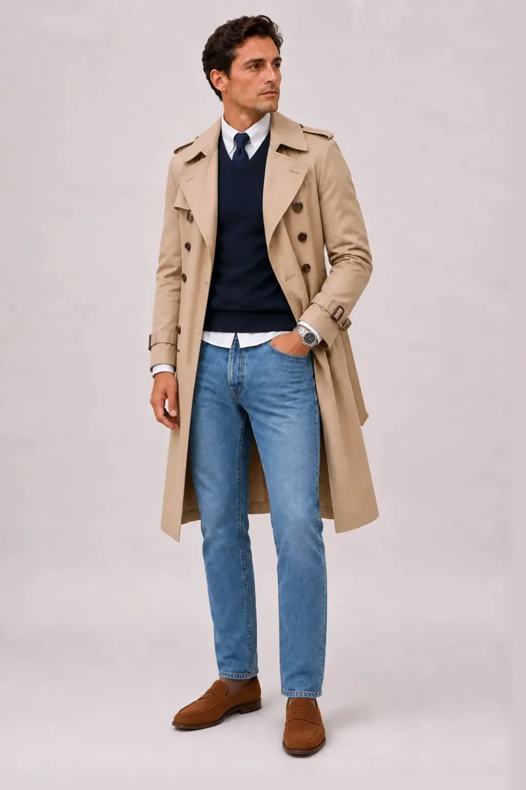 Trenchcoat Beige über V-Neck-Pullover Feinstrick, dazu Jeans Mittelblau und Canvas Sneaker — Penny Loafer Wildleder Cognac