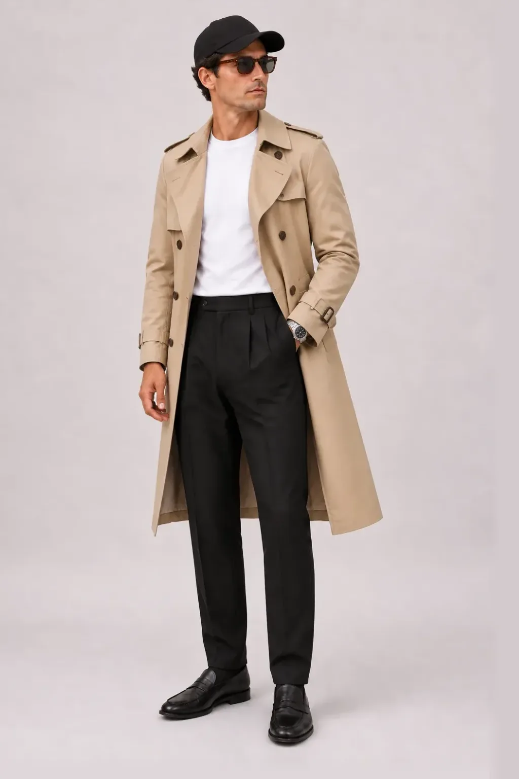 Trenchcoat Beige über T-Shirt, dazu Bundfaltenhose Schwarz und Penny Loafer