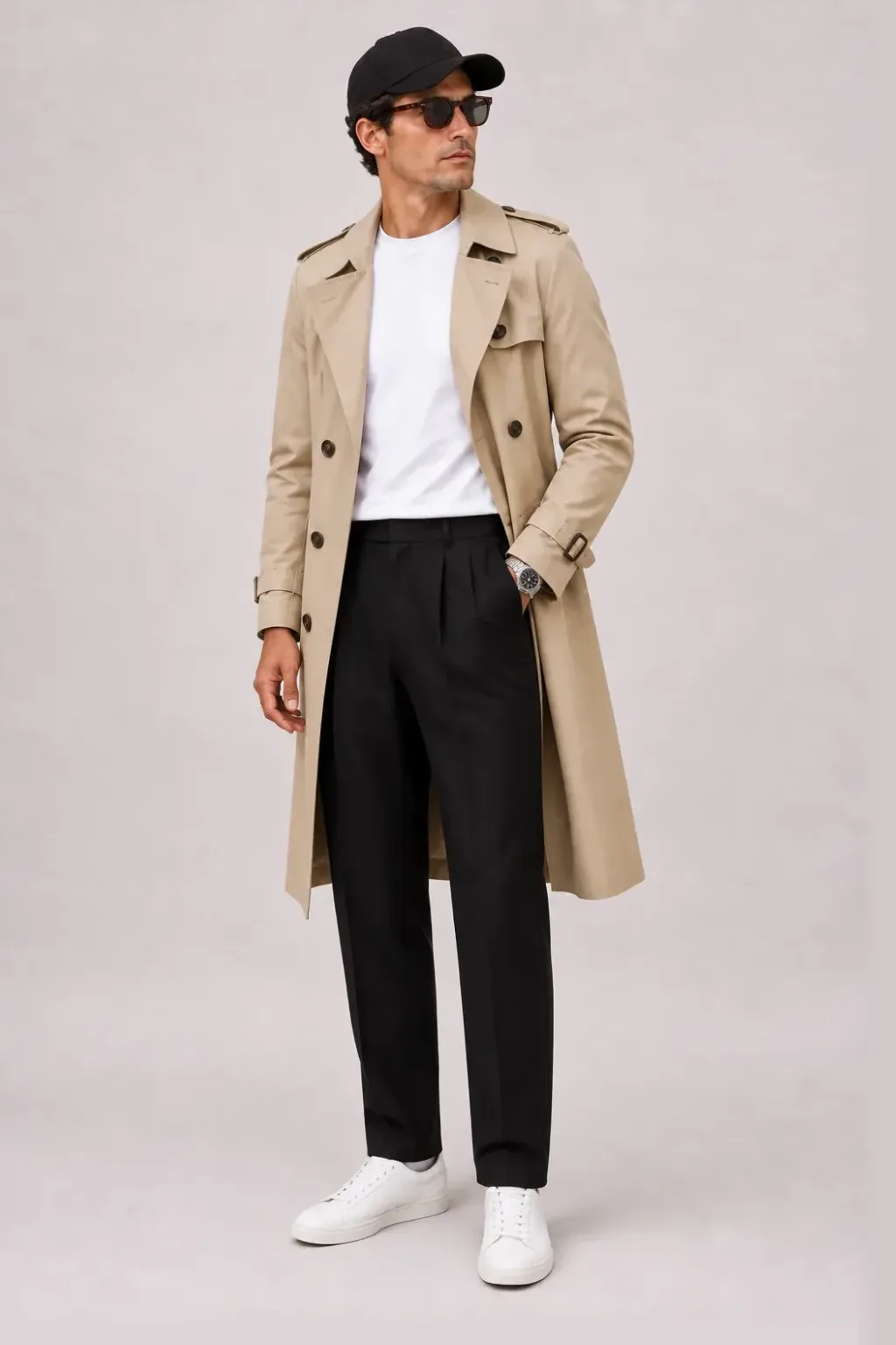 Trenchcoat Beige über T-Shirt, dazu Bundfaltenhose Schwarz und Penny Loafer — Sneaker Weiss