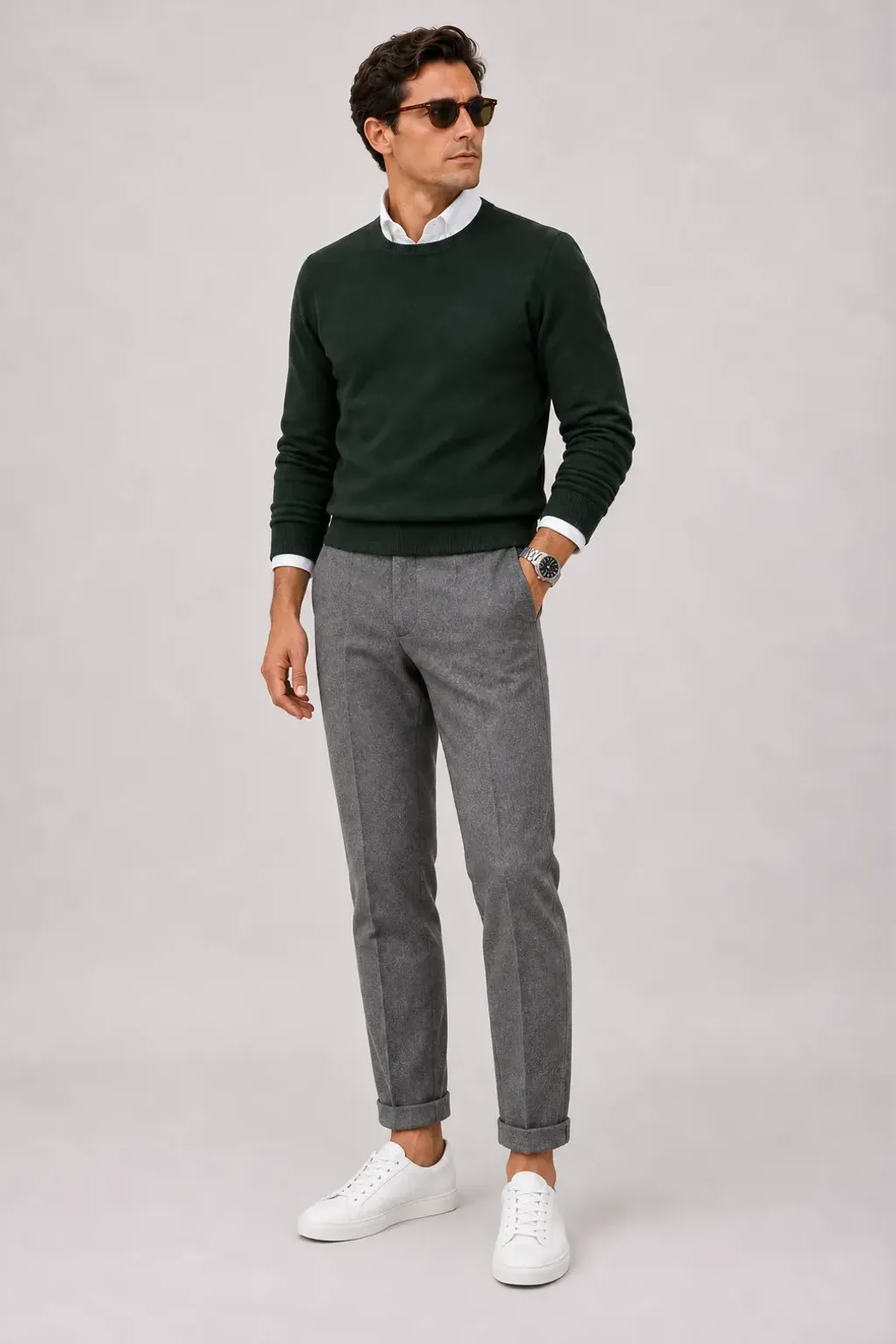 Crewneck-Pullover Feinstrick Dunkelgrün über Button-Down-Hemd, dazu Flanellhose Mittelgrau und Sneaker